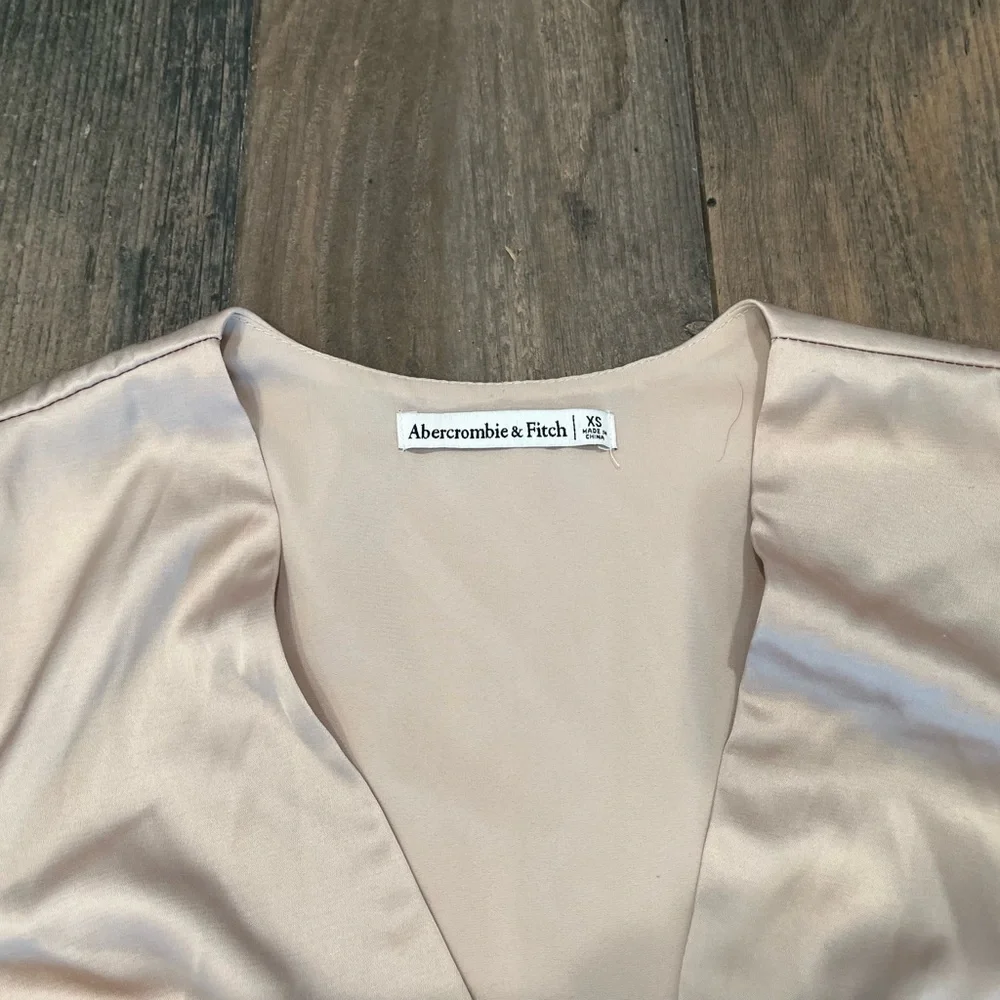Abercrombie & Fitch Satin Deep V Puff Sleeve Long Sleeve Shiny Champagne Color